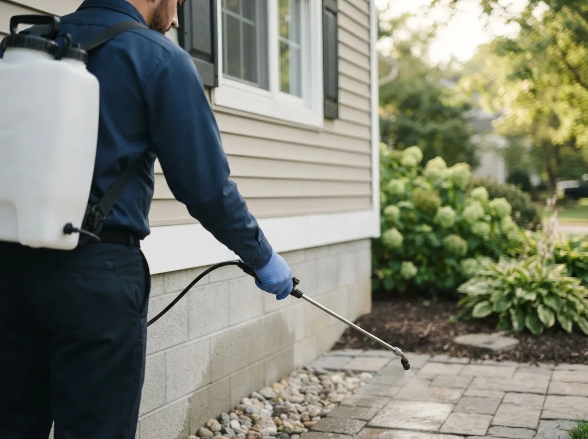 Pest control technician inspecting a home in Palco, KS